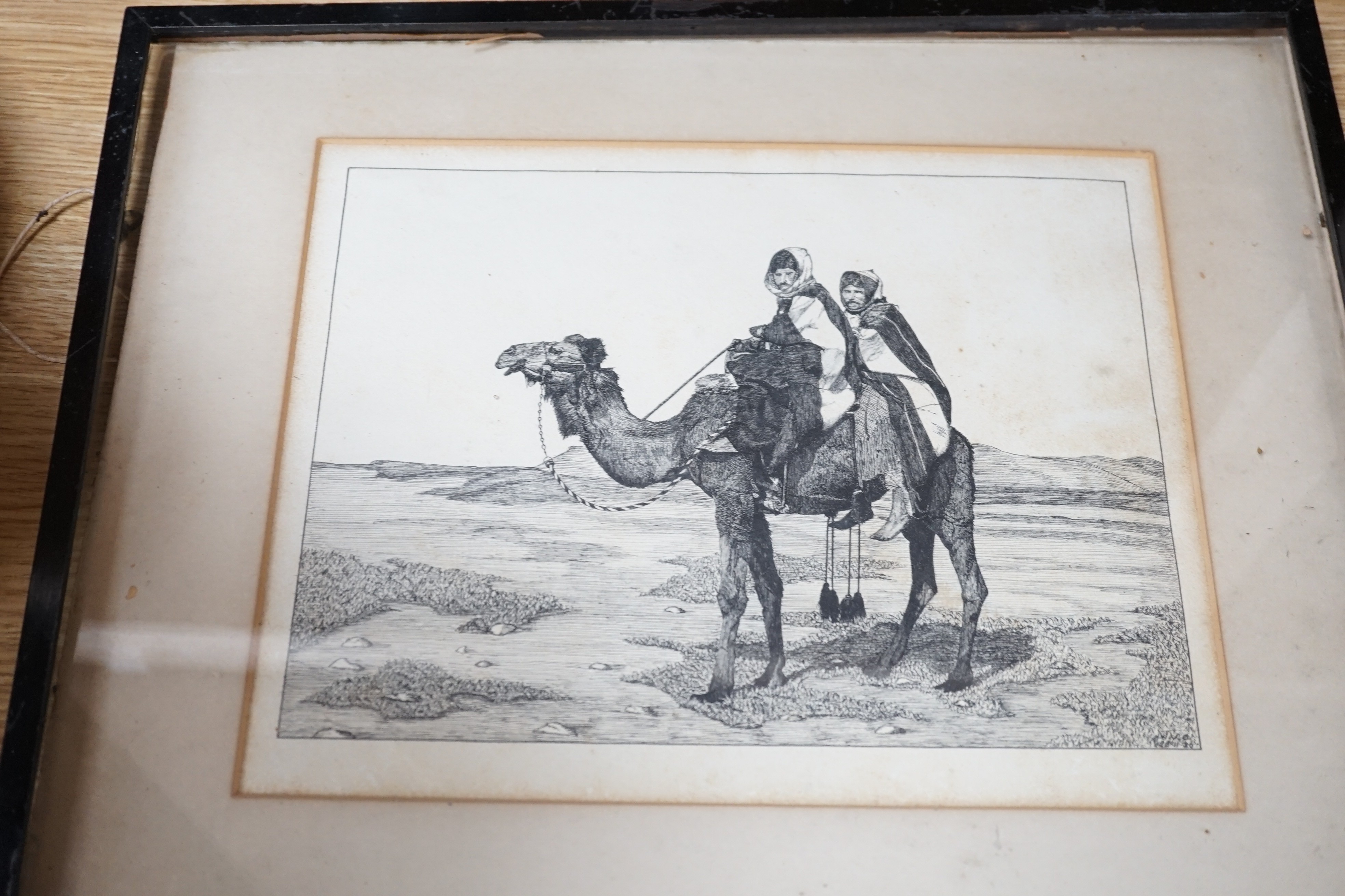 WVC 1926, four pen and ink drawings, Two men riding a camel and three views of mosques, largest 19 x 26cm